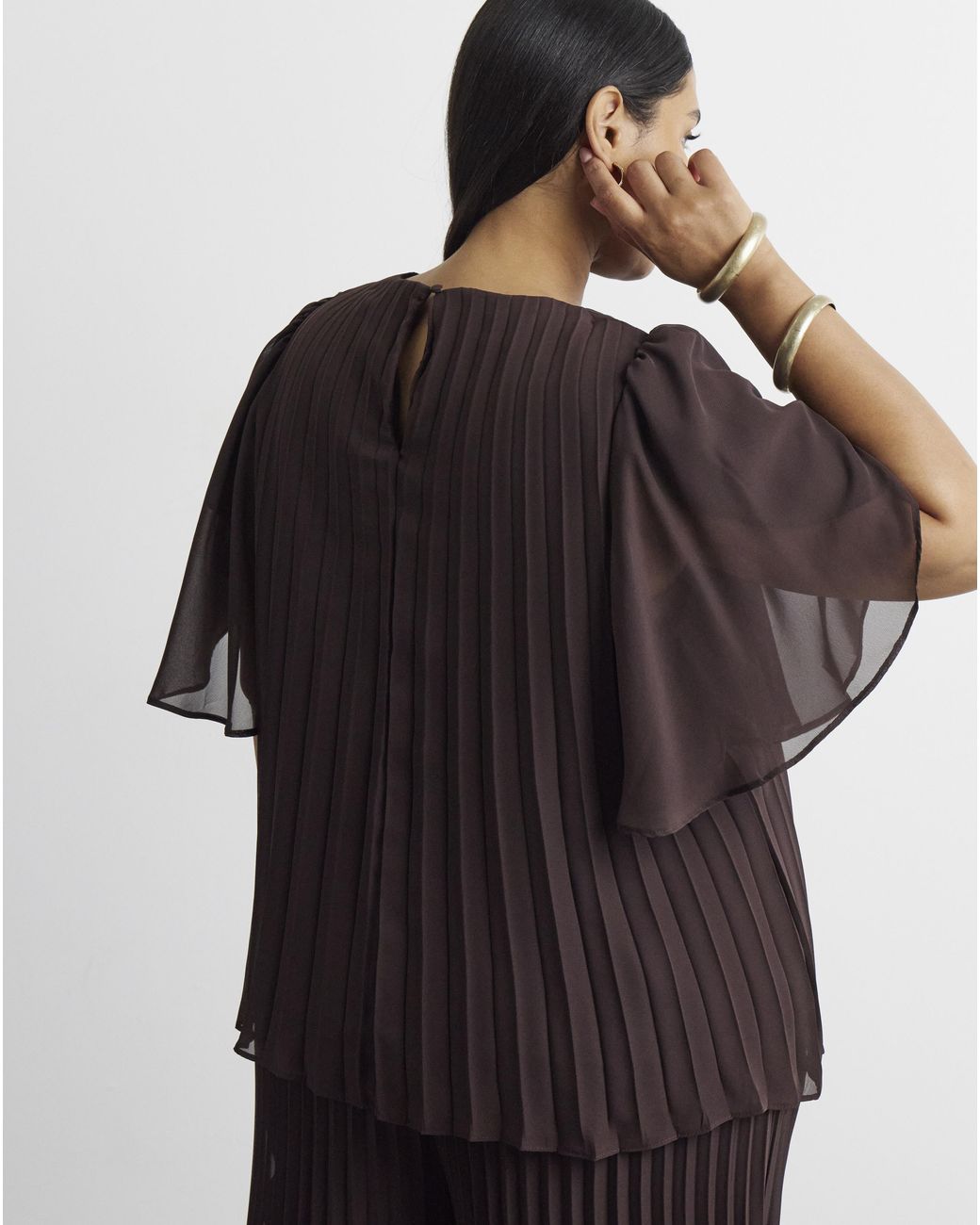 Joanna Hope Brown Pleated Keyhole Blouse