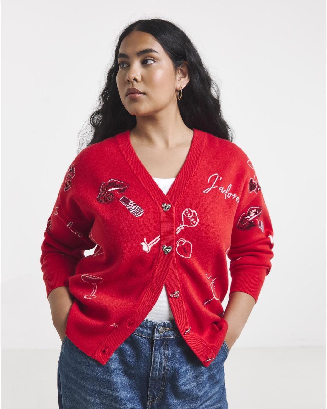 Simply Be Red Sketch Party Boyfriend Cardigan