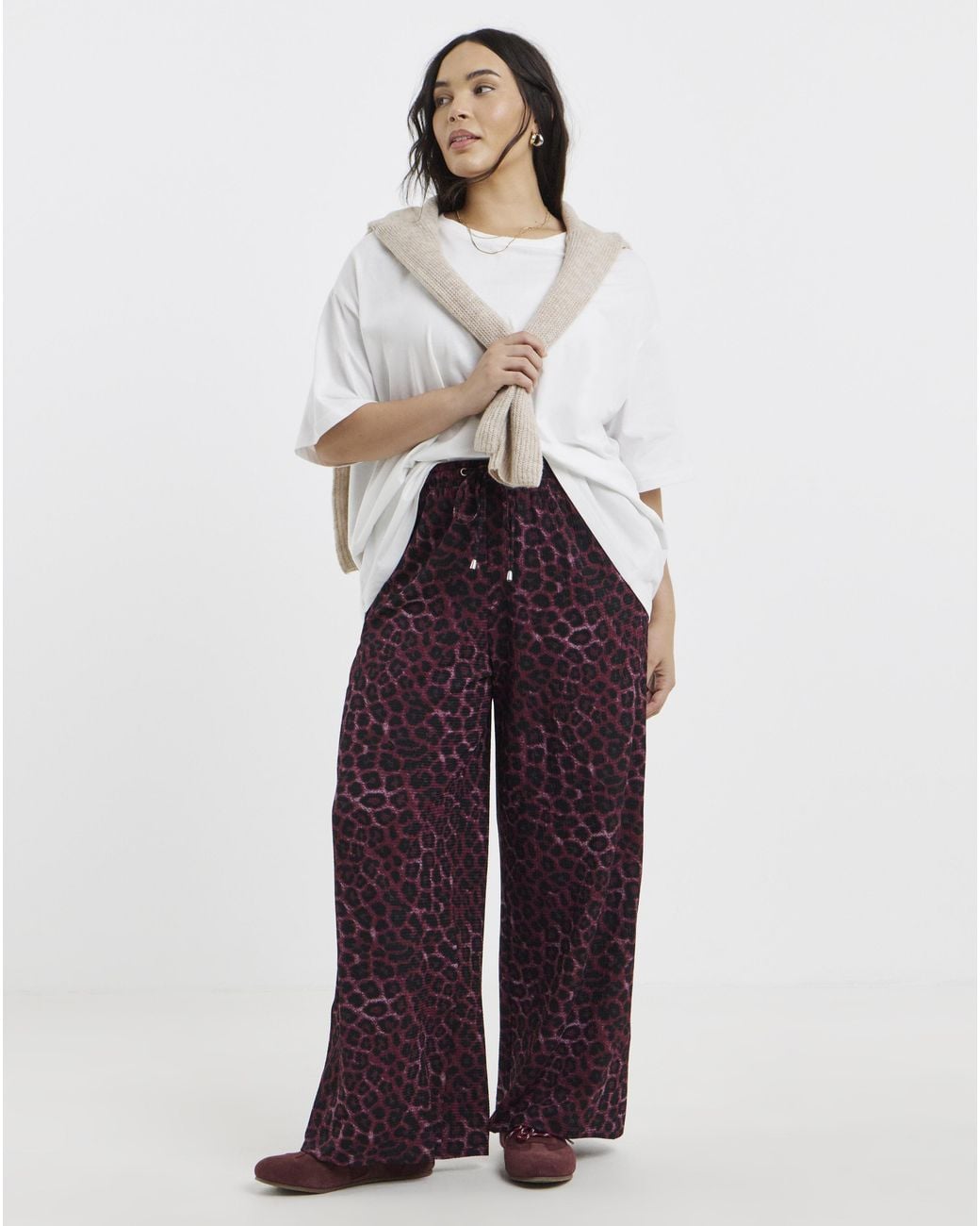 Simply Be Purple Leopard Textured Waffle Wide Leg Trouser