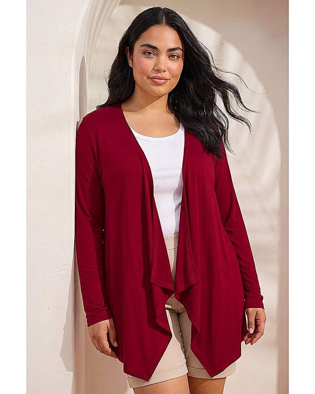 Roman Curve Red Waterfall Front Cardigan