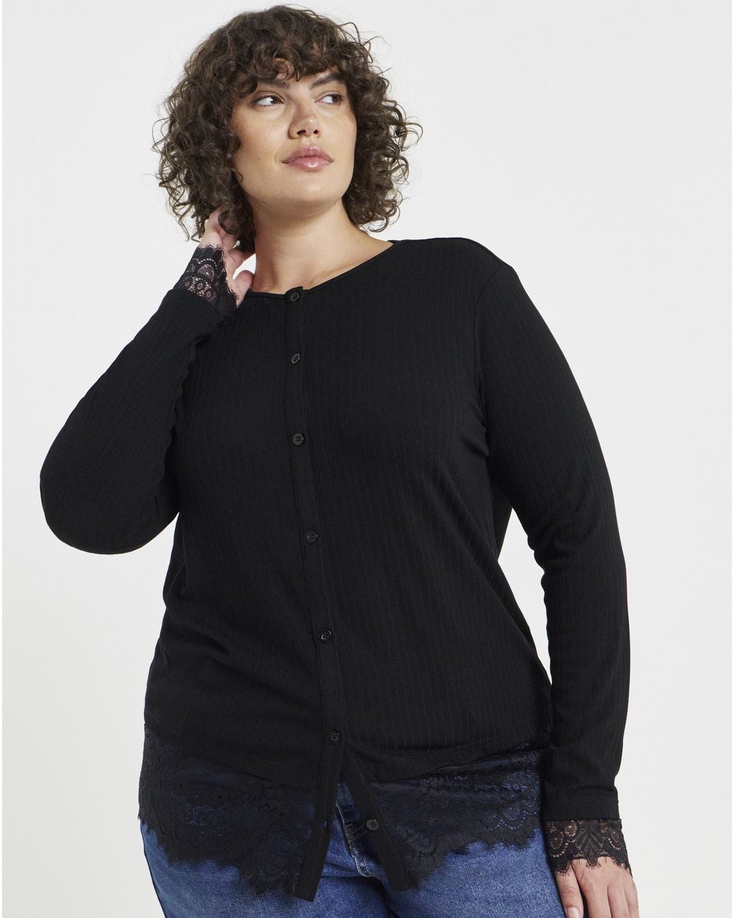 Simply Be Black Button Lace Trim Cardi