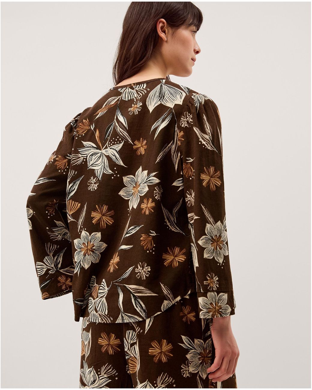 Monsoon Brown Esther Floral Linen Blend Top