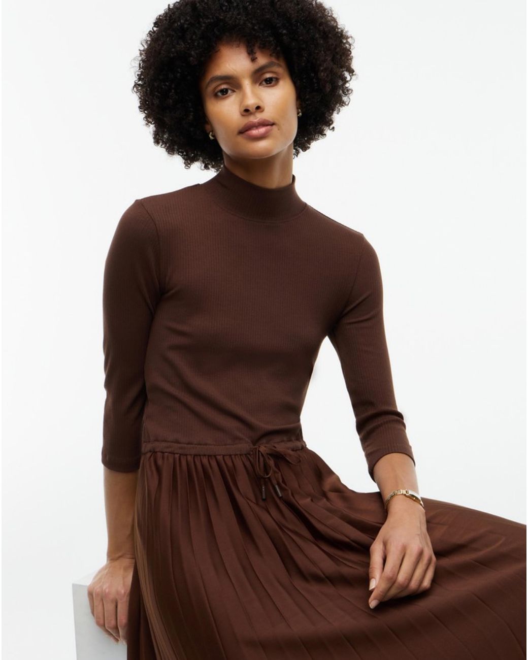Tommy Hilfiger Brown Slim Rib Mix Midi Dress