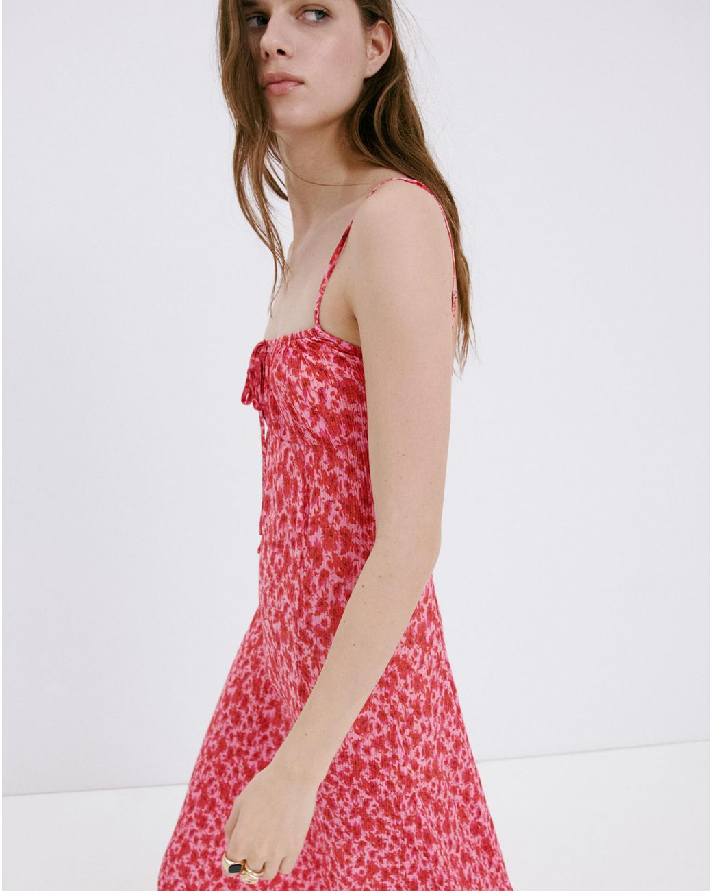 Mango Red Floral-Print Pleated Dress