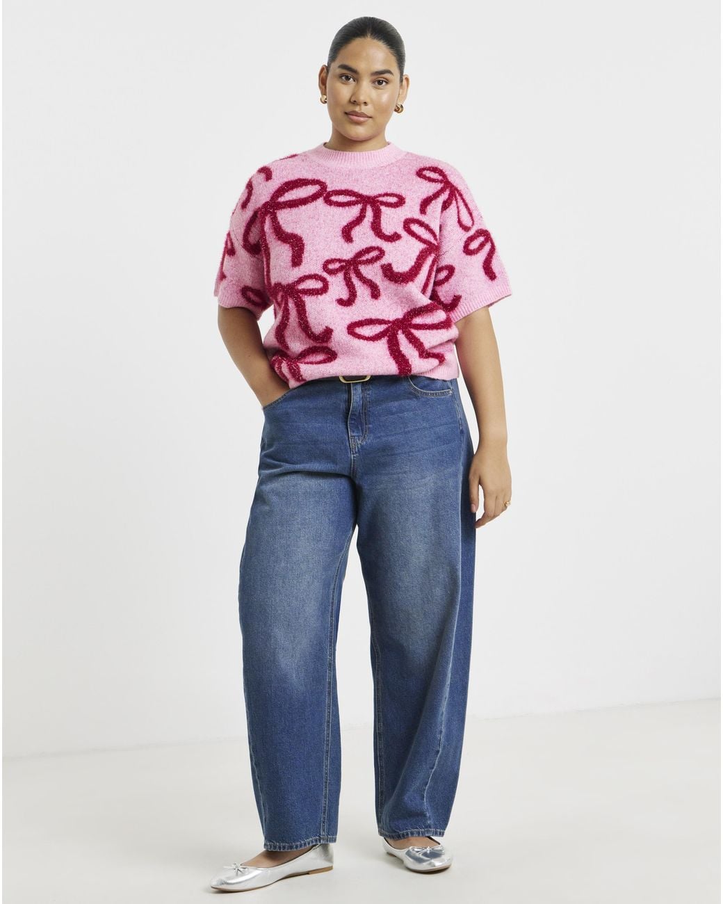 Simply Be Pink Tinsel Bow Short Sleeve Jumper