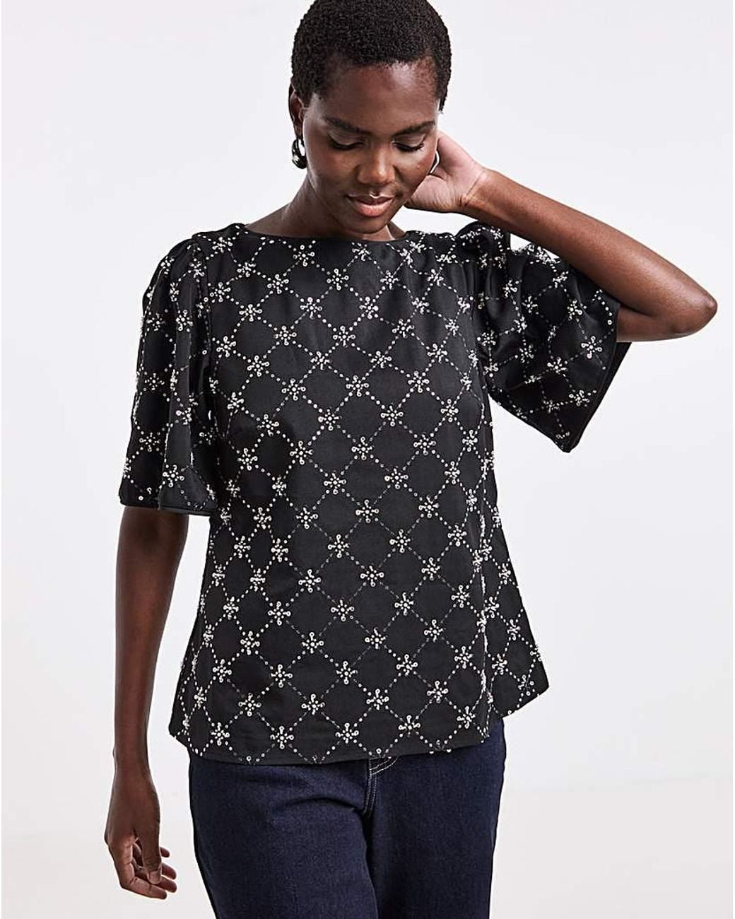 JD Williams Black Beaded Puff Sleeve Top