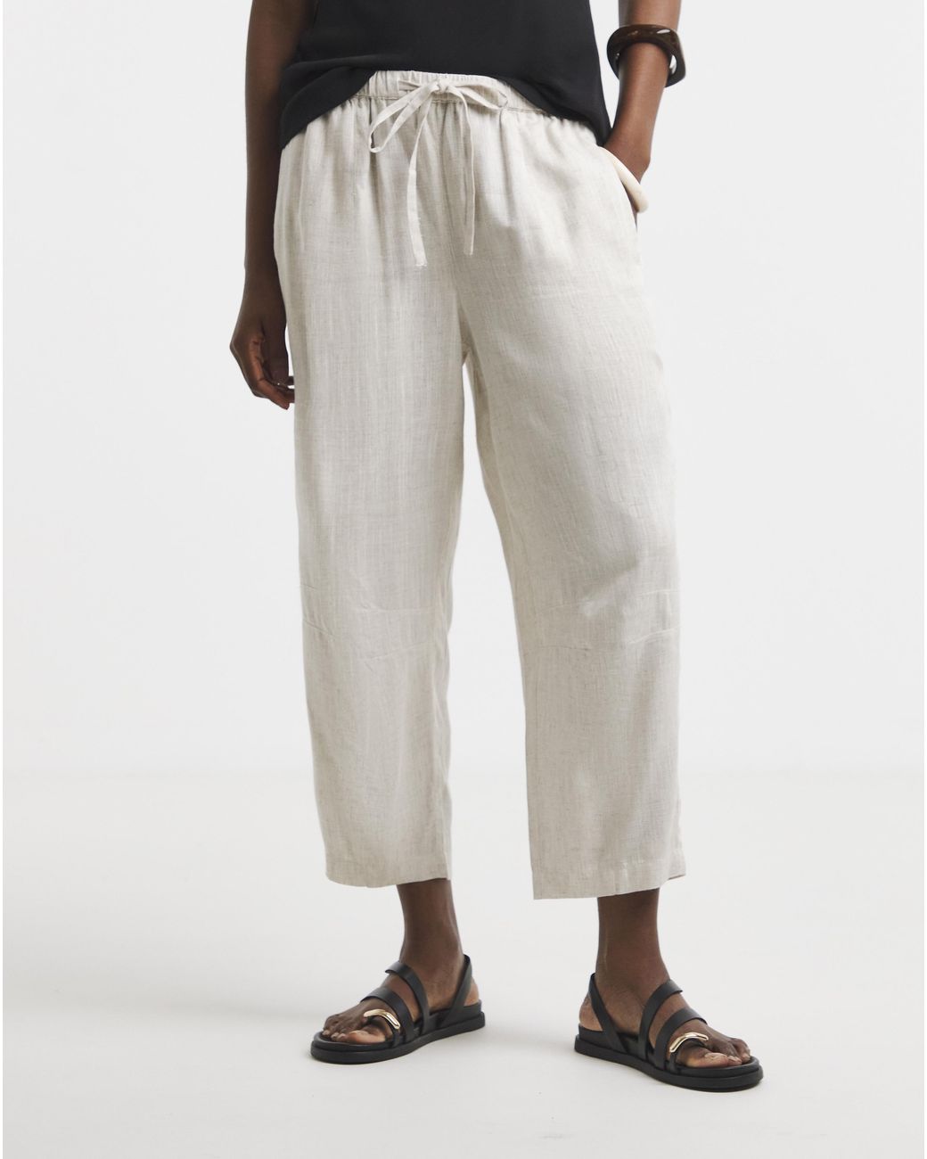 Simply Be Natural Tie Waist Linen Mix Barrel Leg Trouser