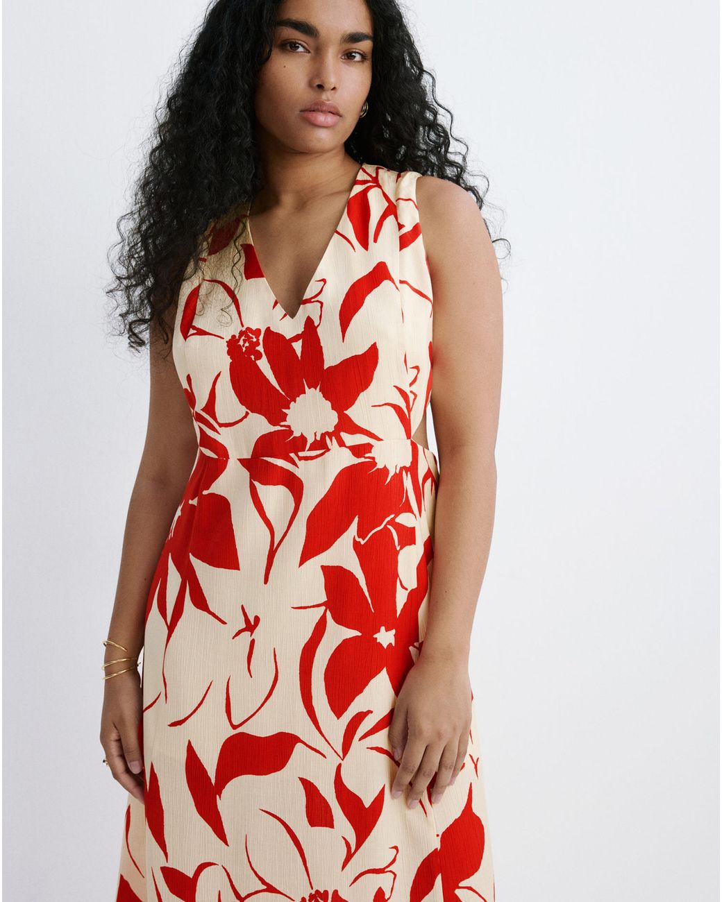 Mango Red Floral Print Cut-Out Dress