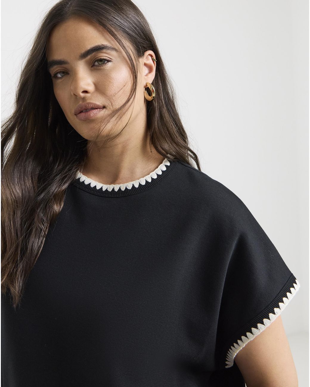 Simply Be Black Blanket Stitch Short Sleeve Sweatshirt