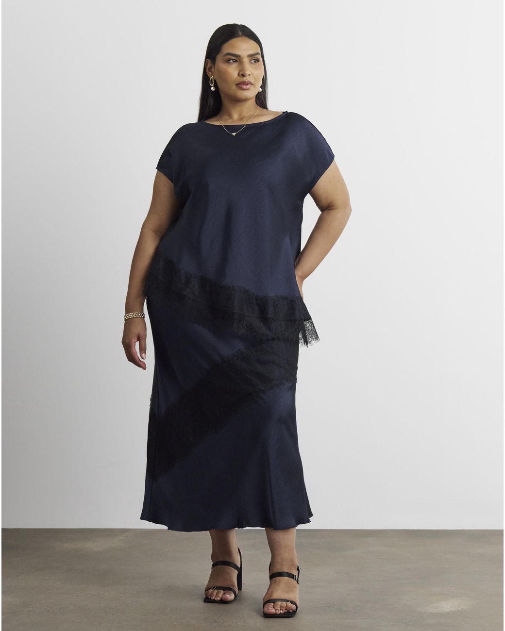 Joanna Hope Blue Lace Trim Satin Top