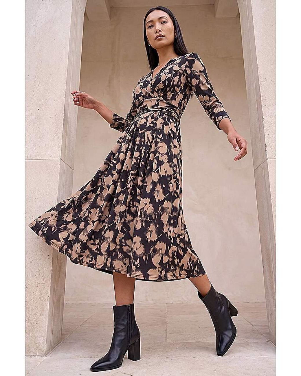 Roman Gray Roman Abstract Floral Wrap Midi Dress