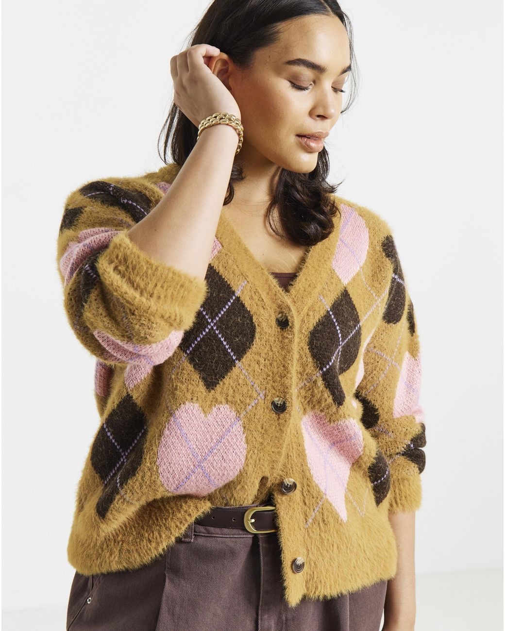 Simply Be Brown Heart Argyle Fluffy Cardigan
