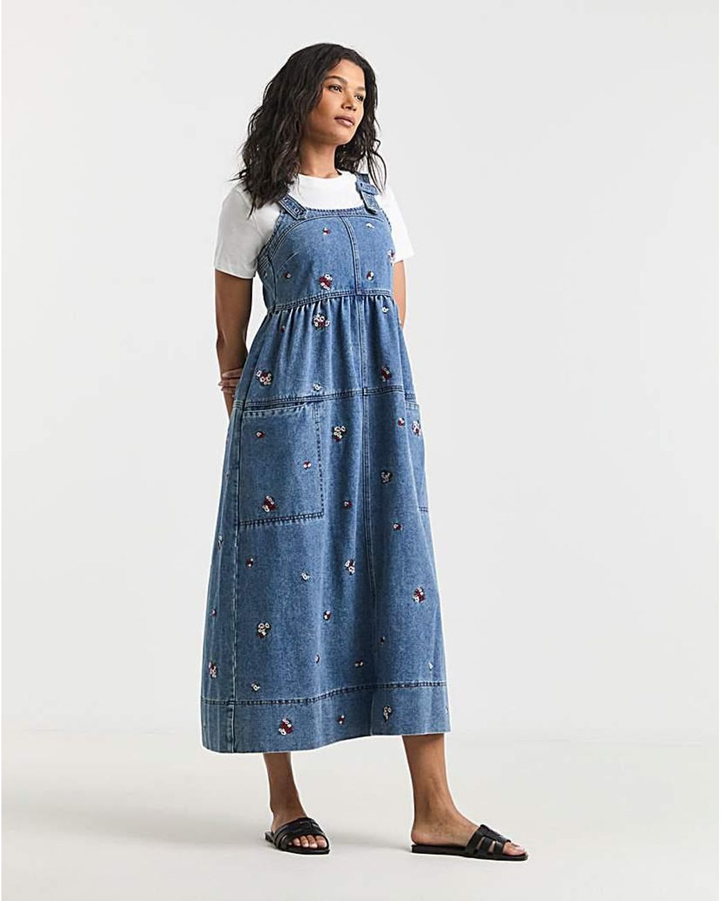 Simply Be Blue Floral Embroidered Apron Dress