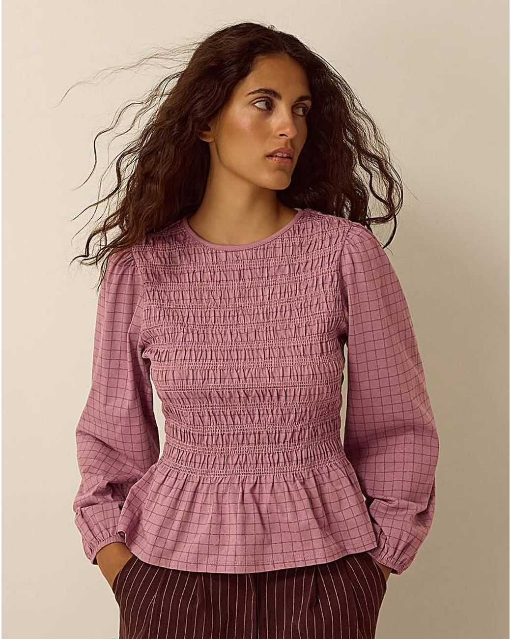 Monsoon Brown Charli Check Smocked Jersey Top
