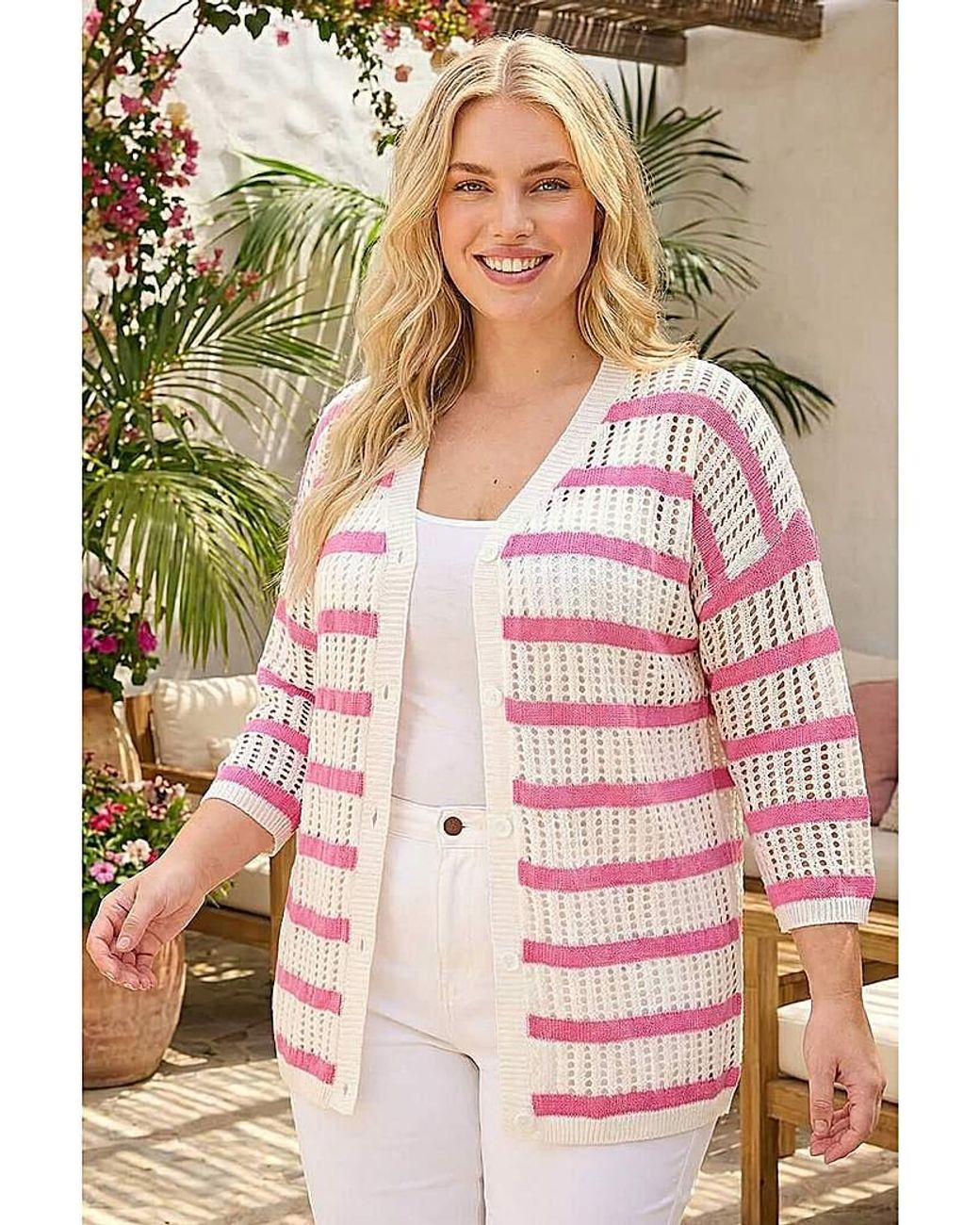 Roman Curve Pink Stripe Crochet Knit Cardigan
