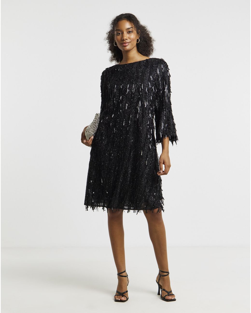 Joanna Hope Black Sequin Tassle Dress