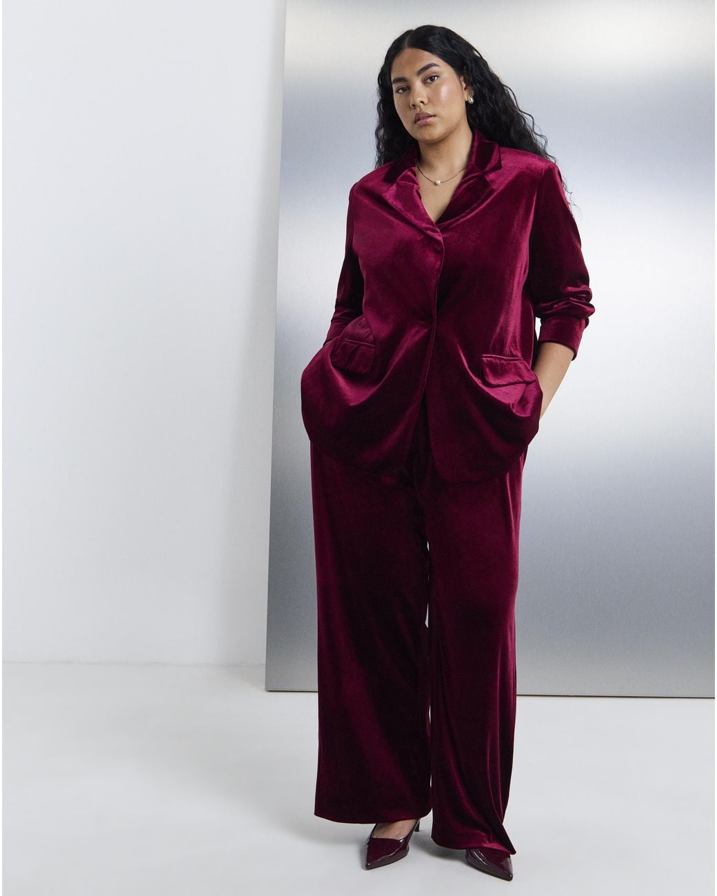 Simply Be Red Velour Single Breasted Blazer
