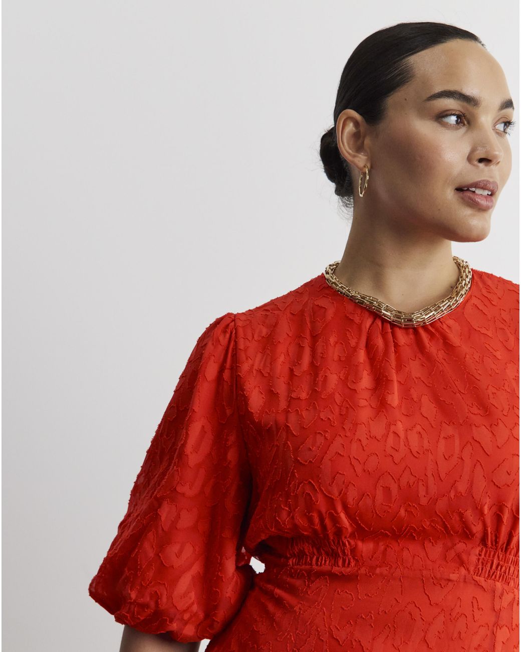 Joanna Hope Red Burnout Bubble Sleeve Dress