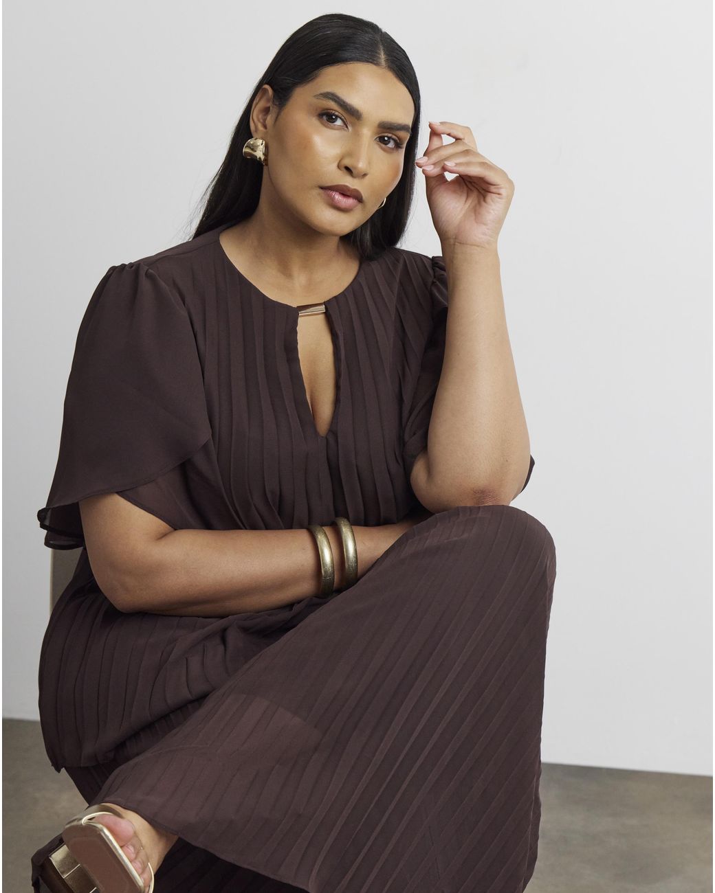 Joanna Hope Brown Pleated Keyhole Blouse