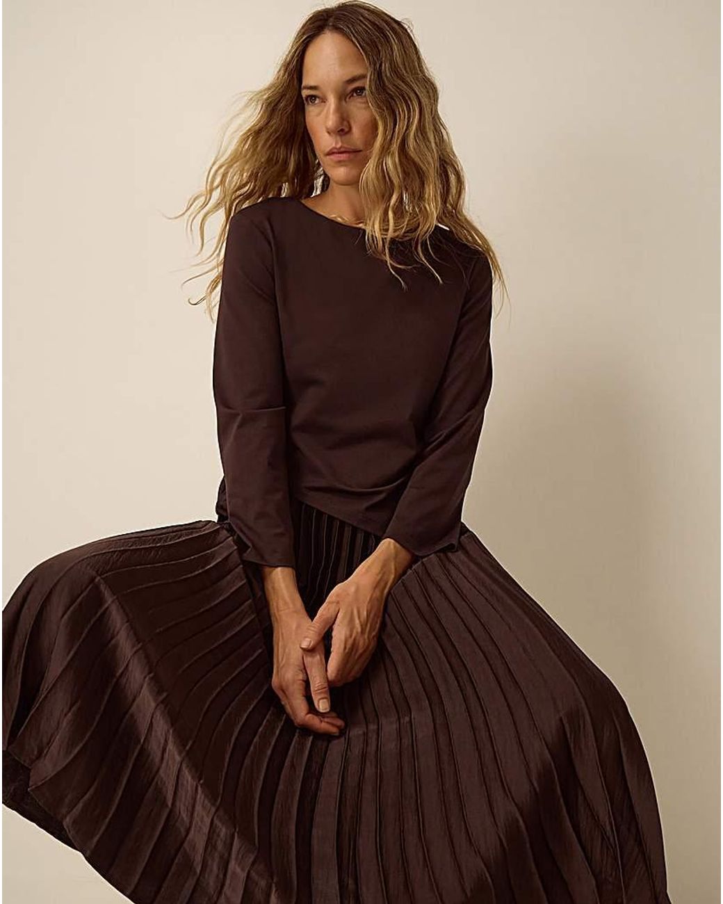 Monsoon Brown Petra Jersey Pleated Midi Dress