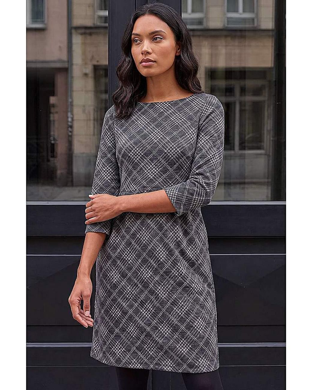Roman White Roman Checked Front Pleat Shift Dress