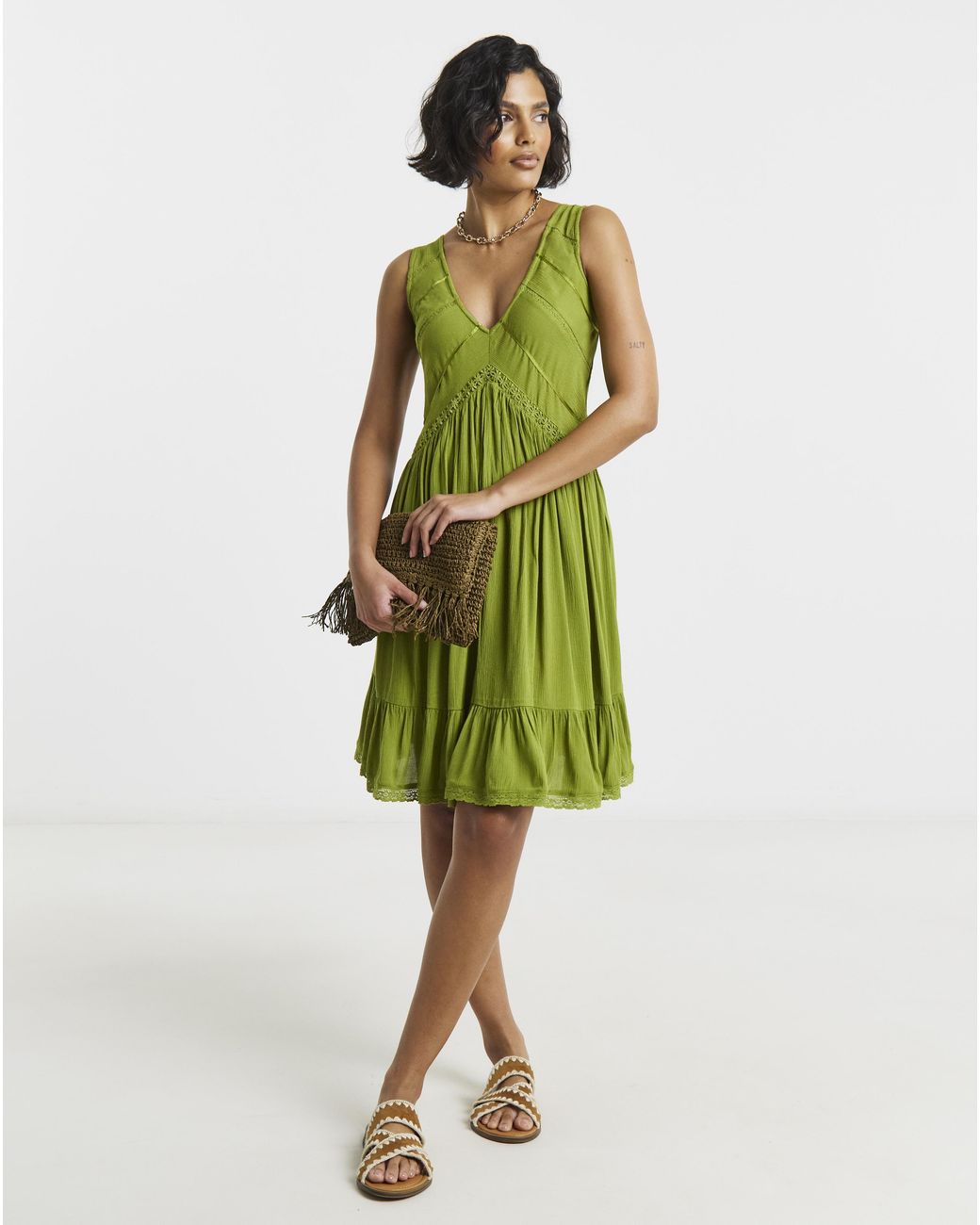 Simply Be Green Crinkle Smock Dress With Ladder Trim