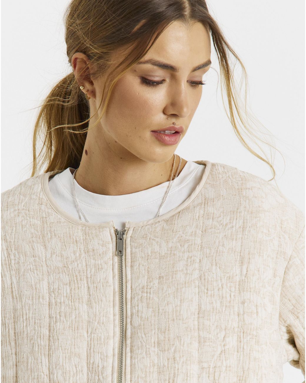 Simply Be Natural Floral Jacquard Collarless Jacket