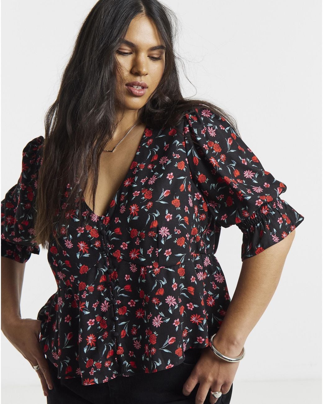 Simply Be Black Shirred Sleeve Tea Blouse