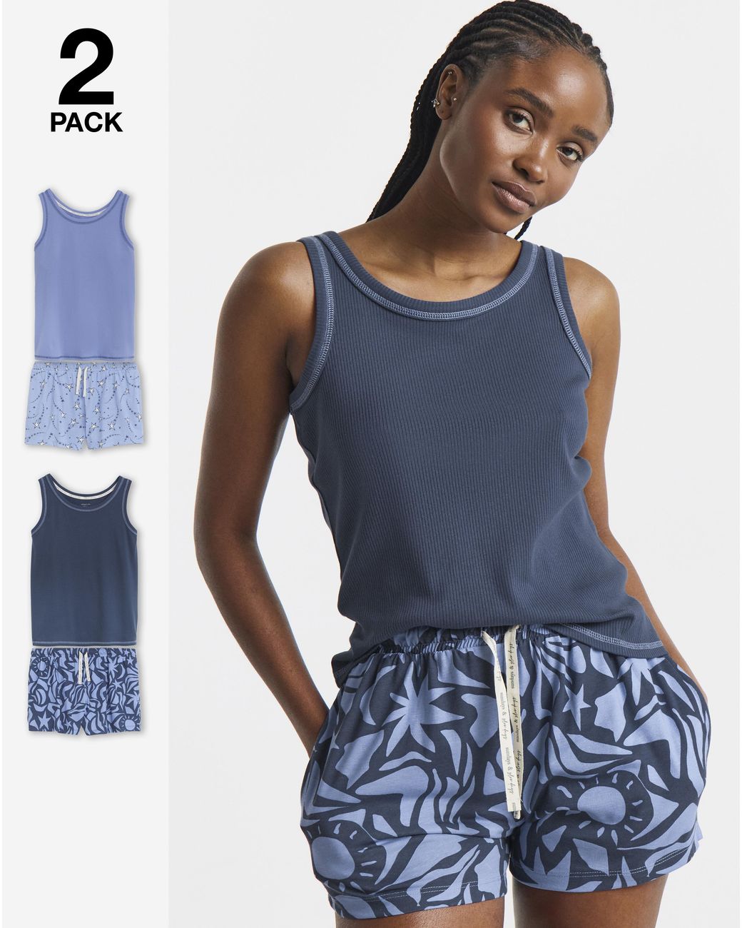 Simply Be Blue 2 Pack Vest Ribbed Pj Sets
