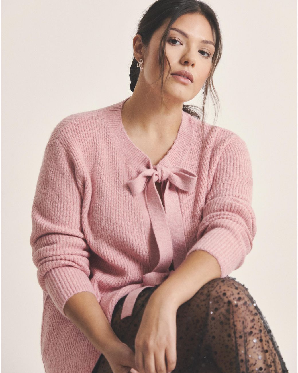 Simply Be Pink Tie Front Crew Neck Cardigan