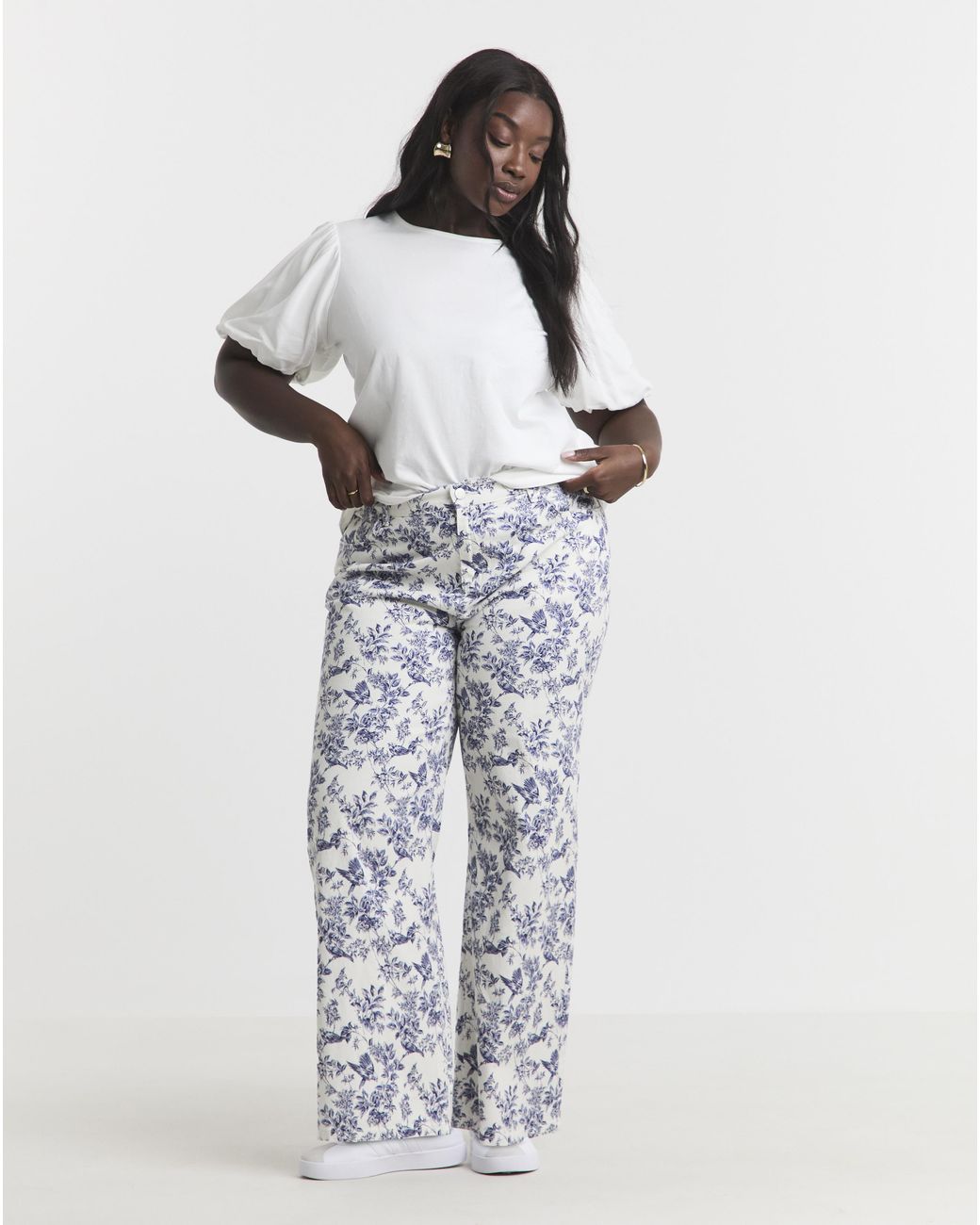 Simply Be White Floral Denim Wide Leg Jeans