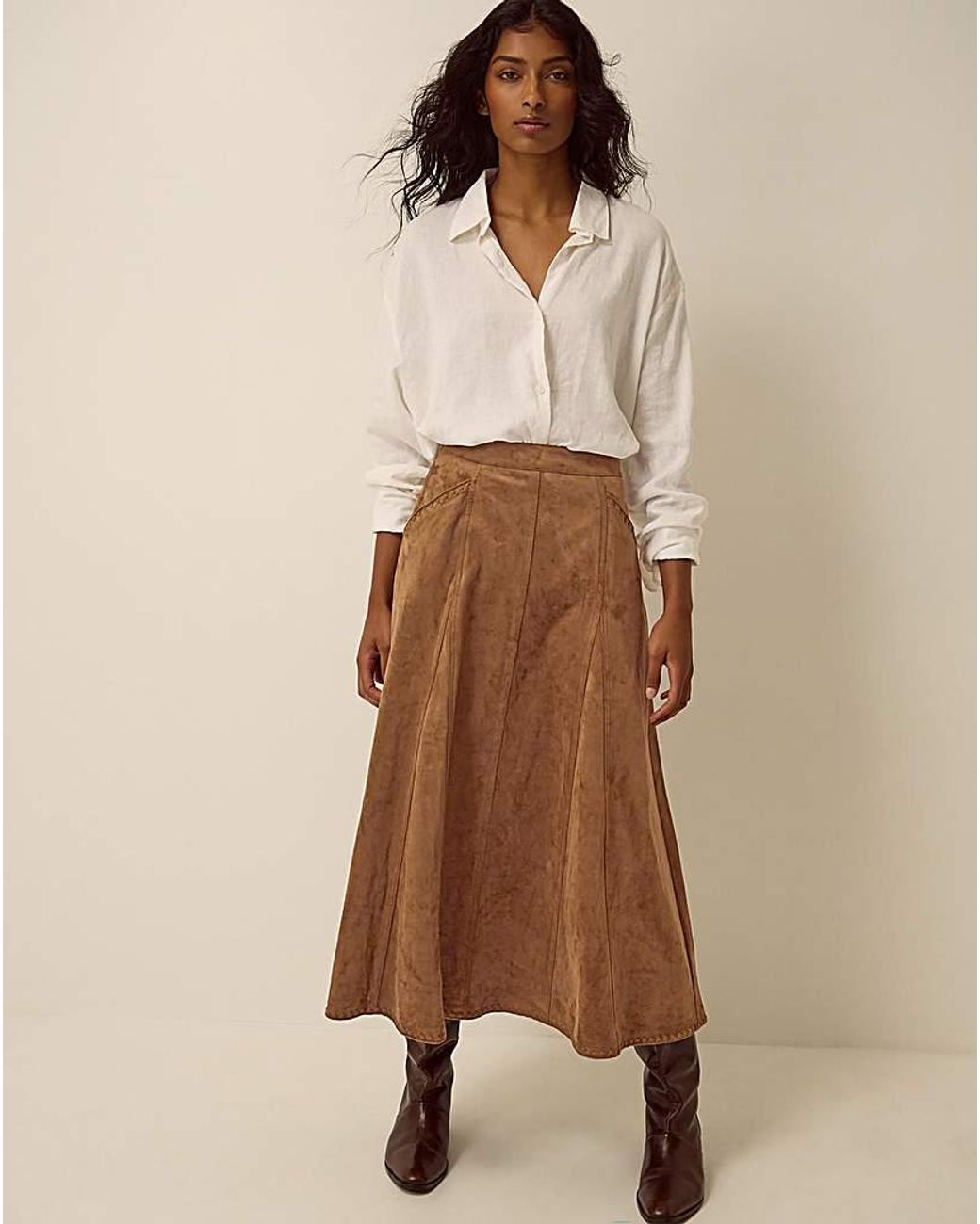 Monsoon Natural Josie Faux Suede Midi Skirt