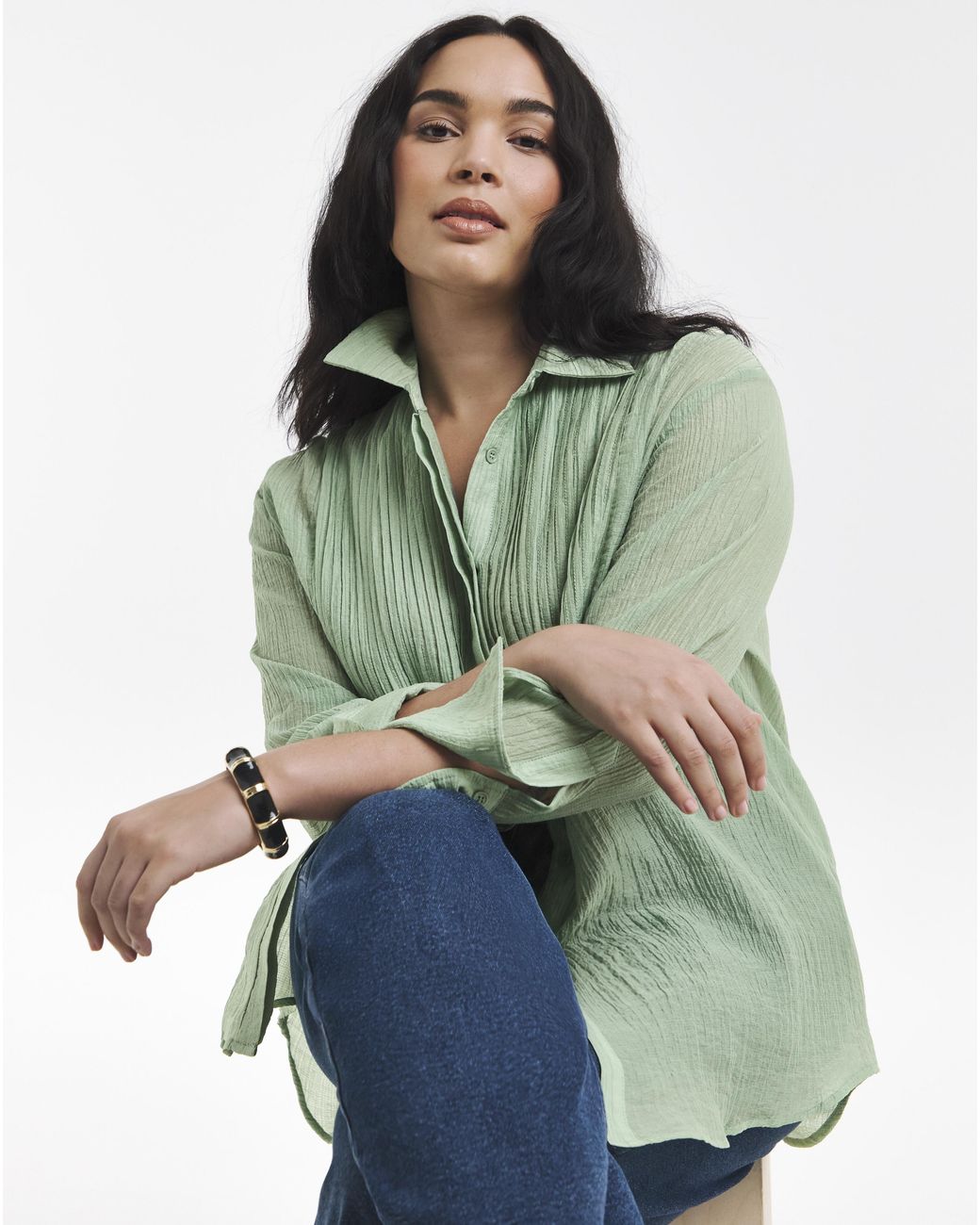 Simply Be Green Pintuck Tuxedo Shirt