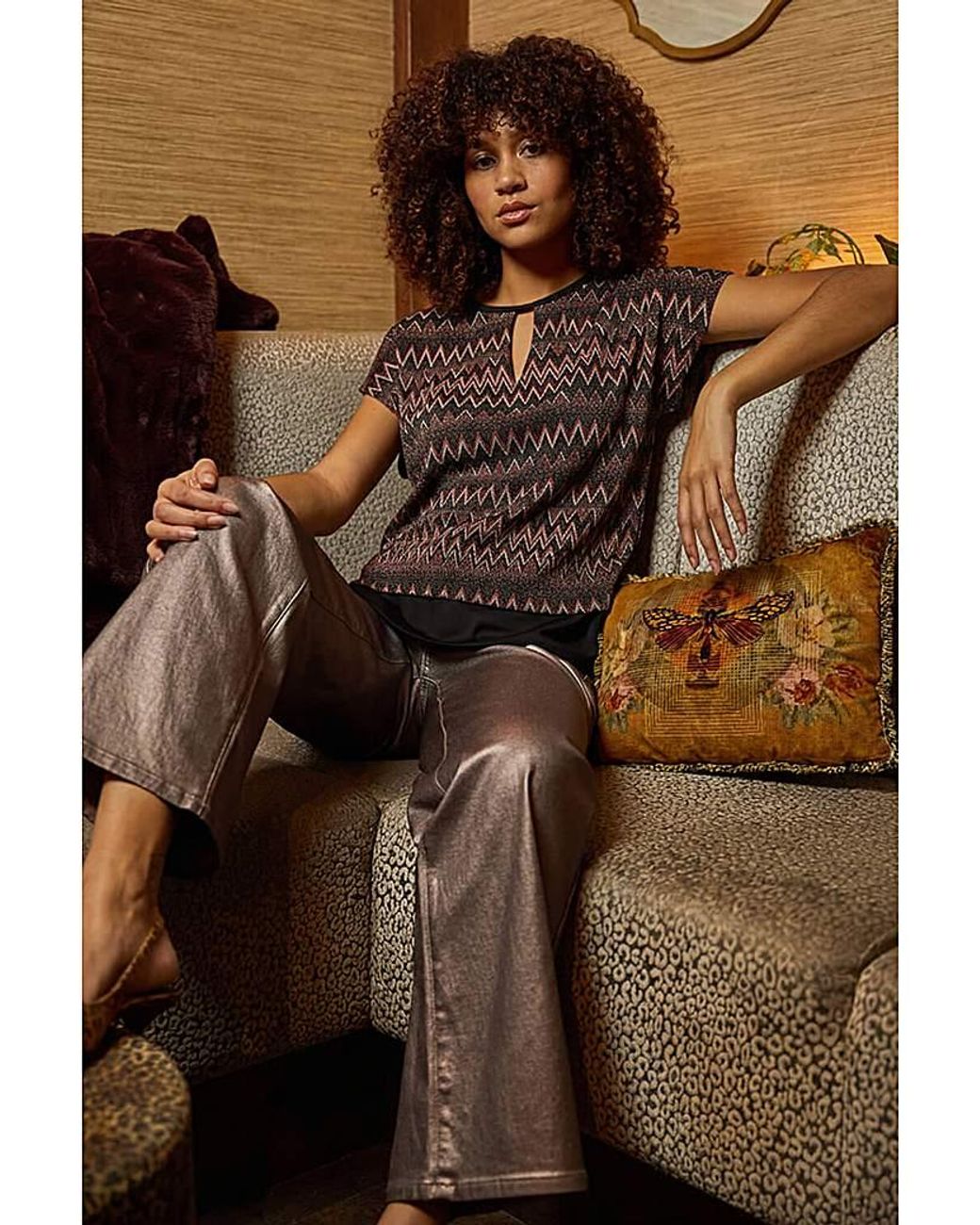 Roman Brown Roman Zig Zag Print Bubble Hem Top