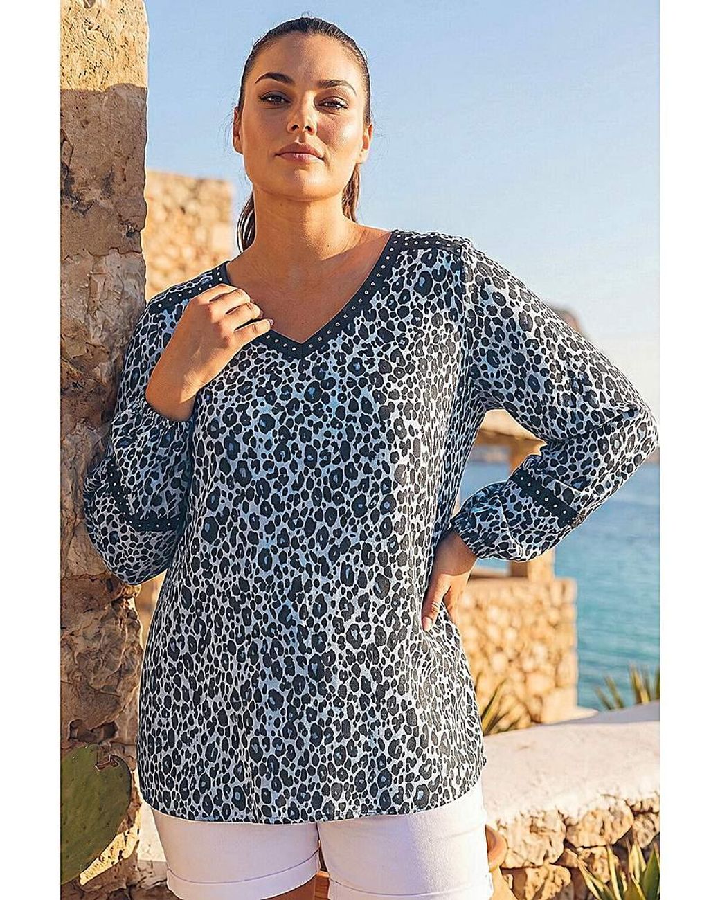 Roman Curve Blue Animal Print Studded Top