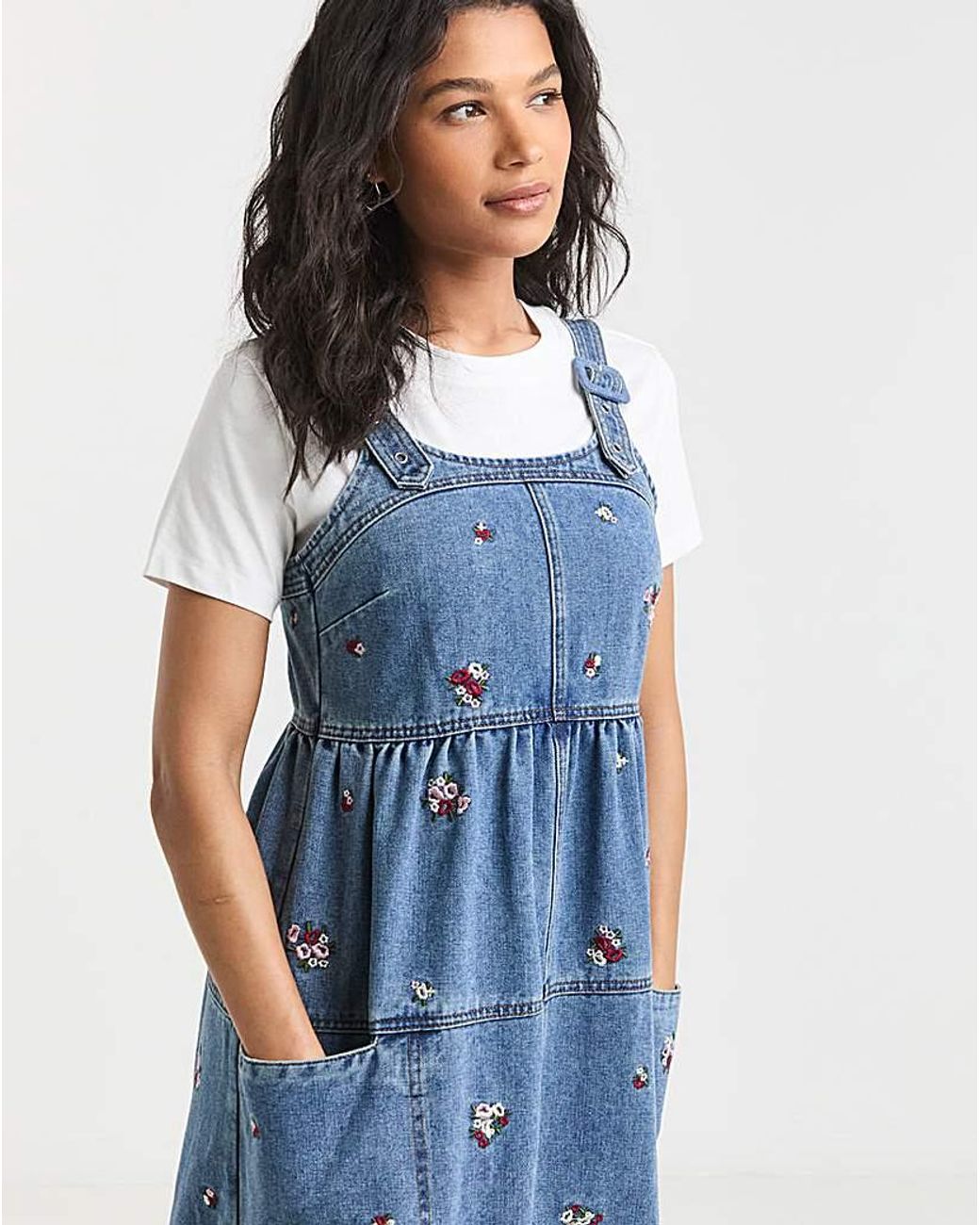 Simply Be Blue Floral Embroidered Apron Dress