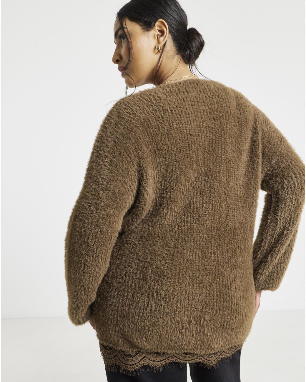 Simply Be Brown Fluffy Lace V-Neck Tunic