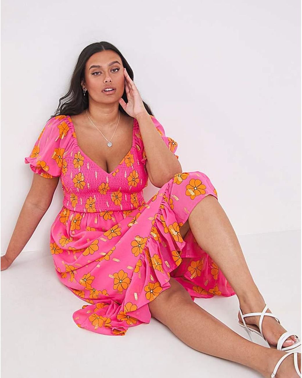 Simply Be Foil Print Shirred Midi Dres
