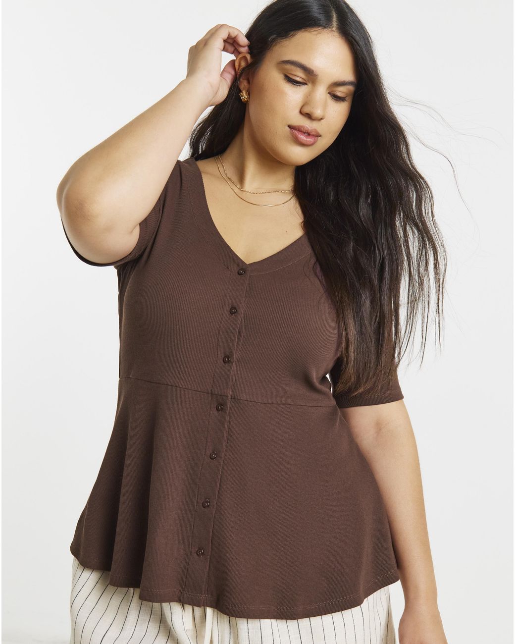 Simply Be Brown Button Through Peplum Top