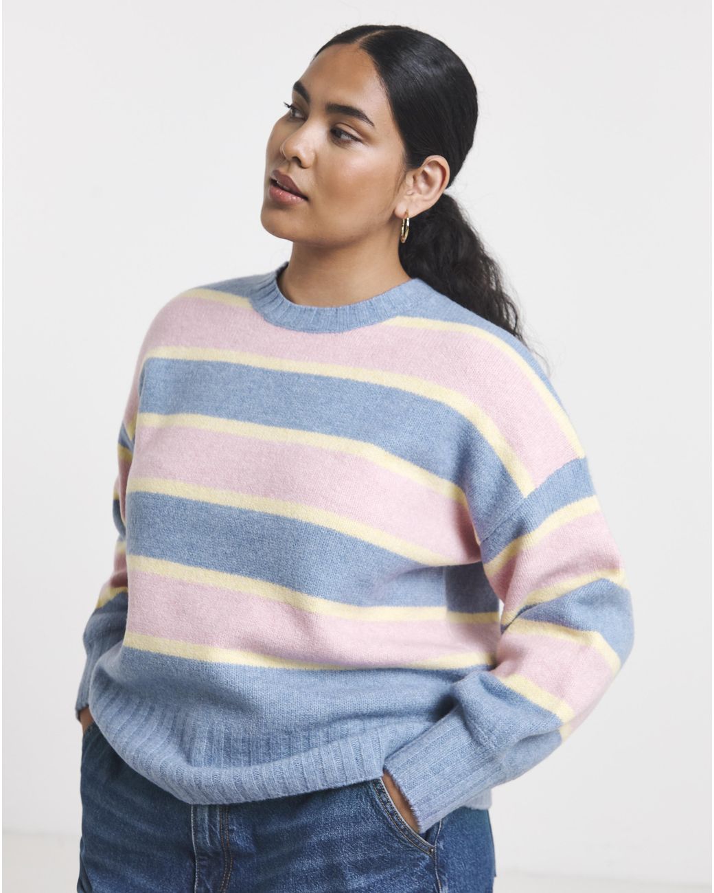 Simply Be White Crew Neck Striped Jumper
