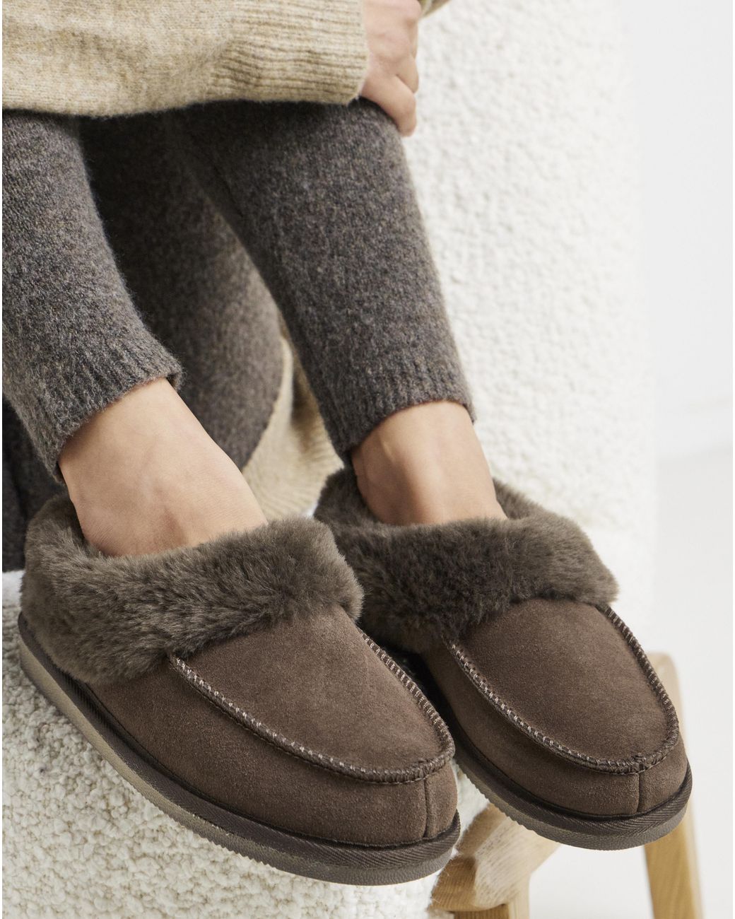 JD Williams Gray Full Suede Fur Trim Slipper Ex Wide