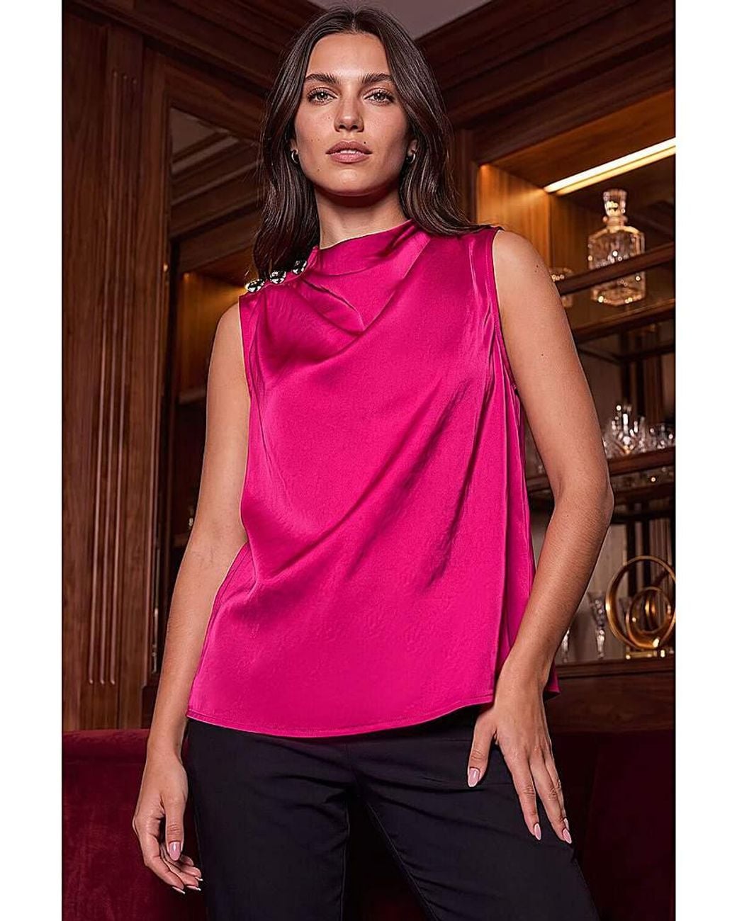 Roman Pink Roman Satin Cowl Neck Top