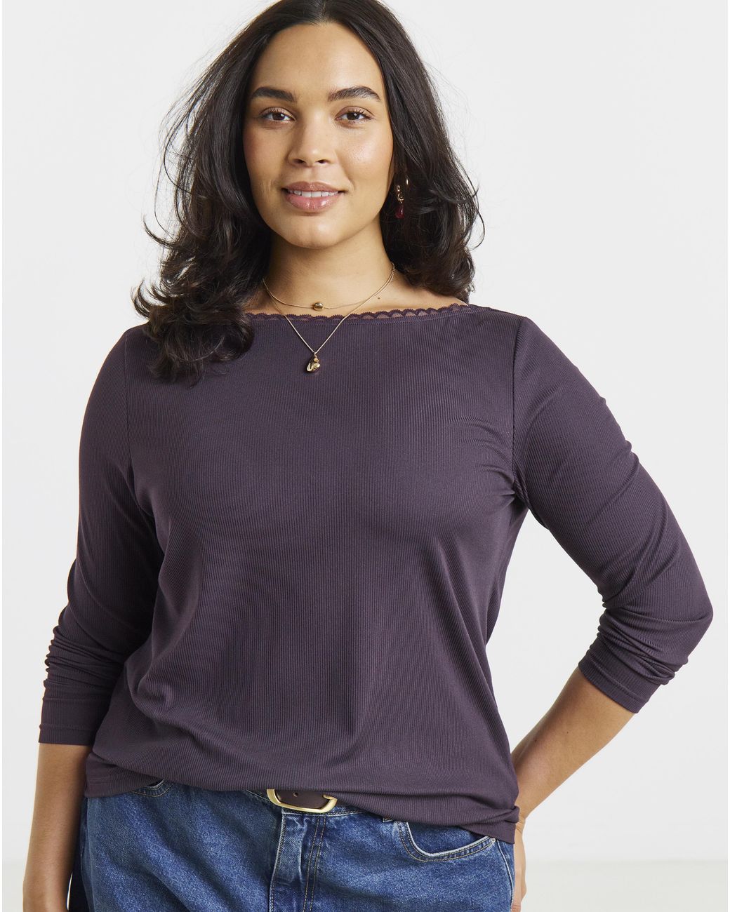 Simply Be Purple Lace Slash Neck Ls