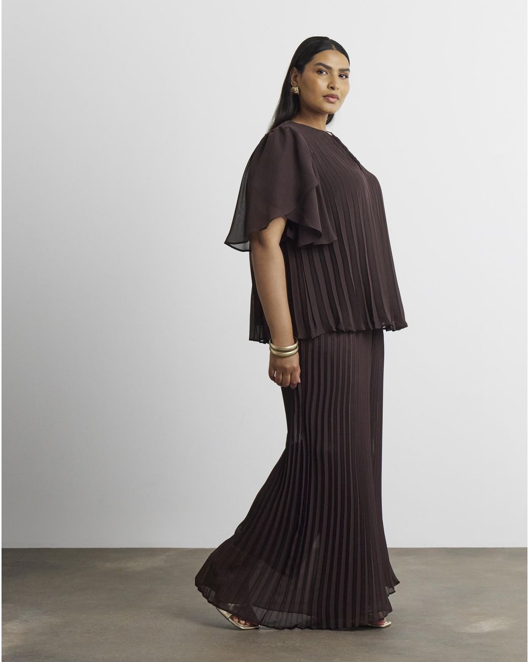 Joanna Hope Brown Pleated Keyhole Blouse