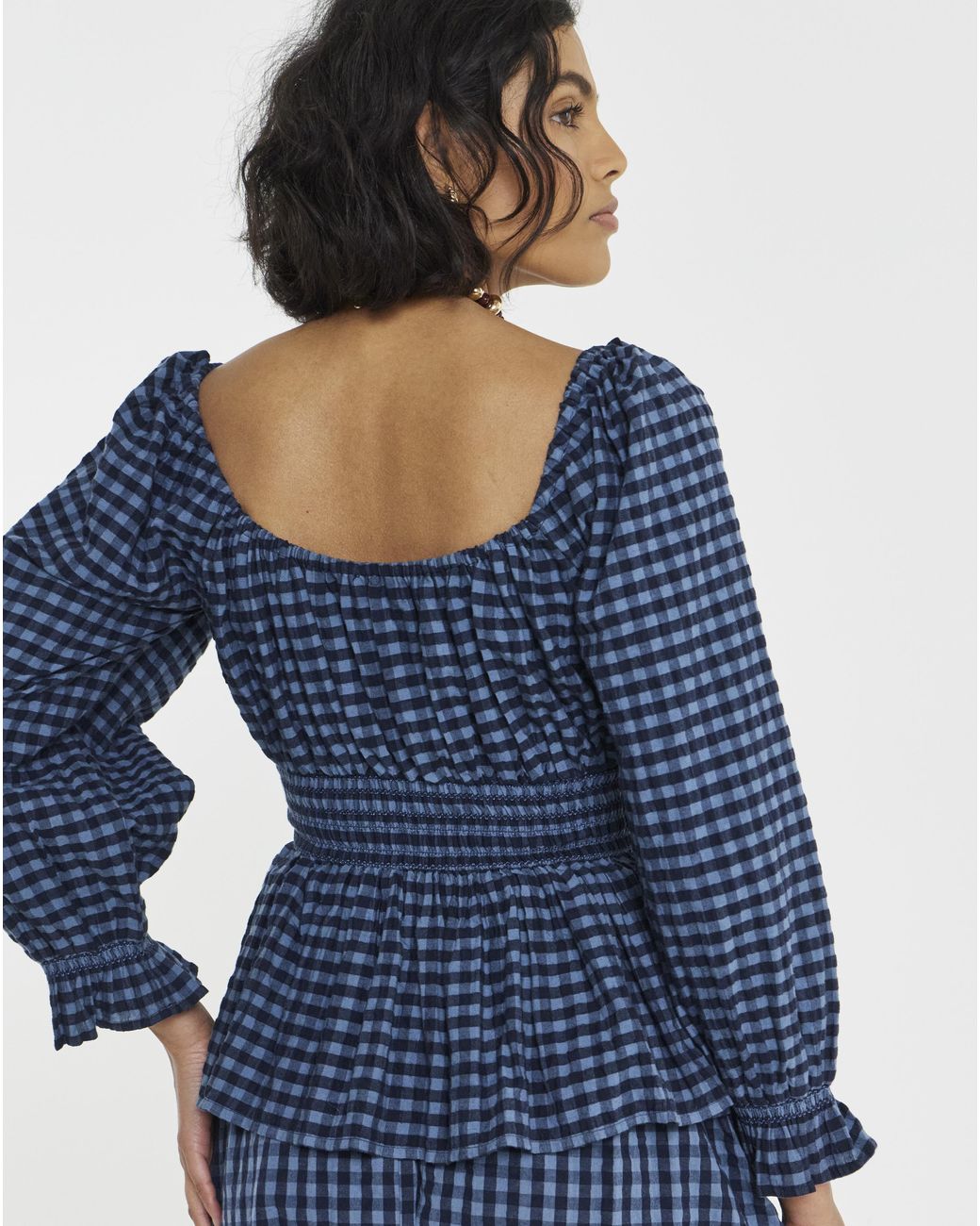 Simply Be Blue Gingham Shirred Waist Blouse