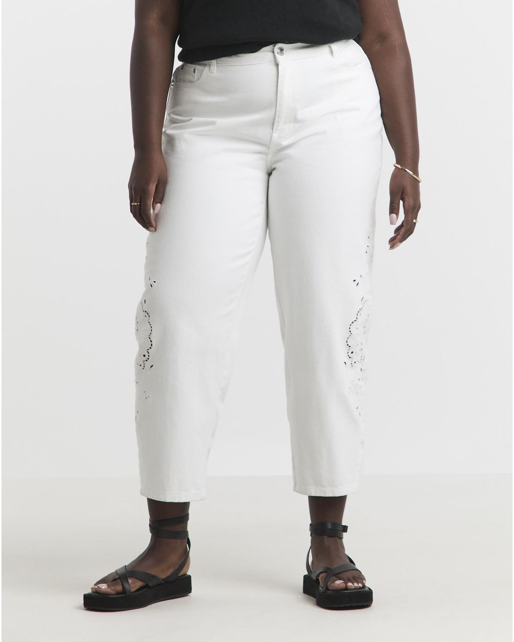 Simply Be White Sbe Broderie Detail Barrel Jeans