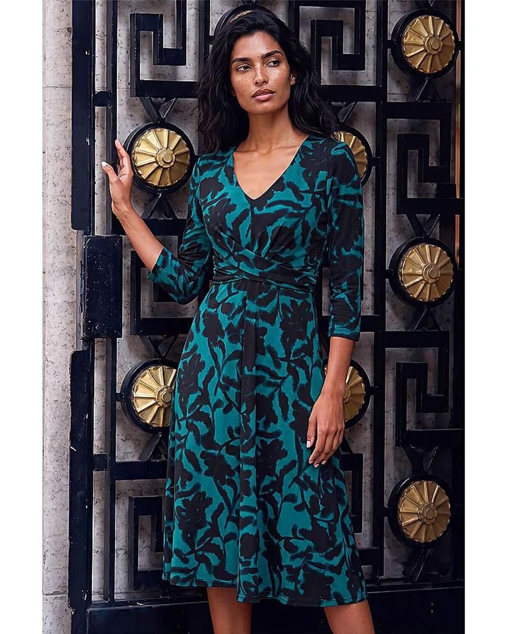 Roman Blue Roman Floral Wrap Midi Stretch Dress