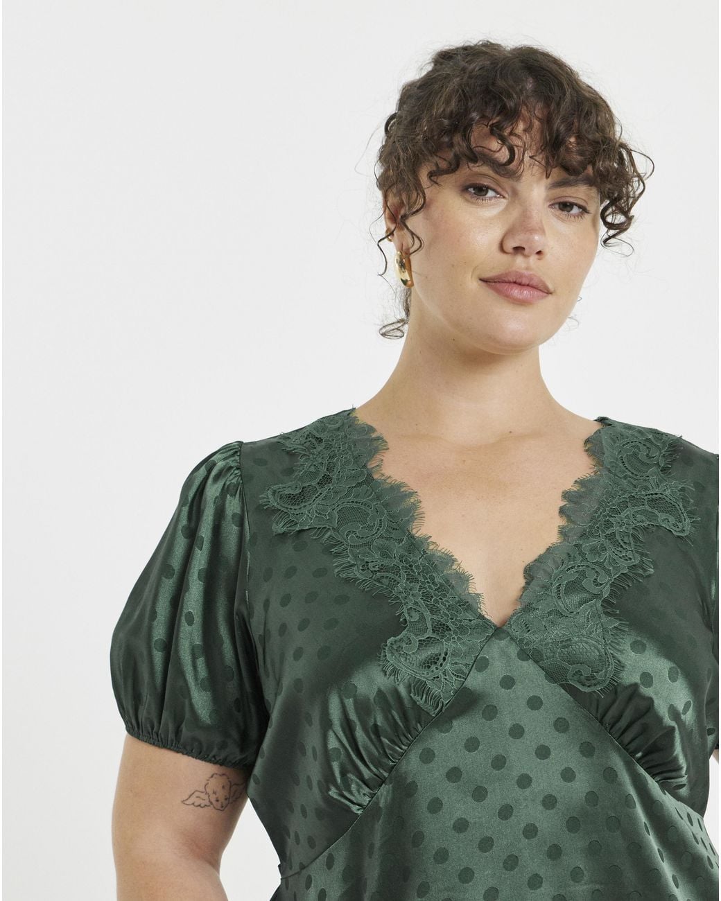 Simply Be Green Gren Satin Lace Trim Tea Dress