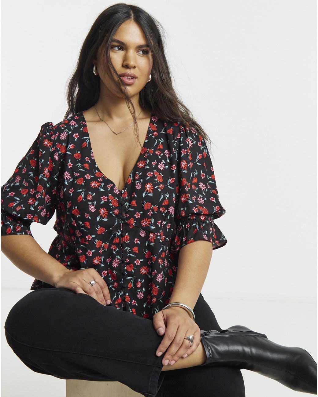 Simply Be Black Shirred Sleeve Tea Blouse