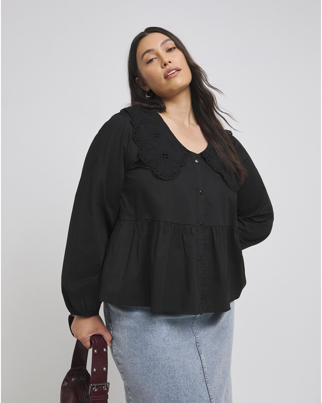 Simply Be Black Broderie Collared Blouse